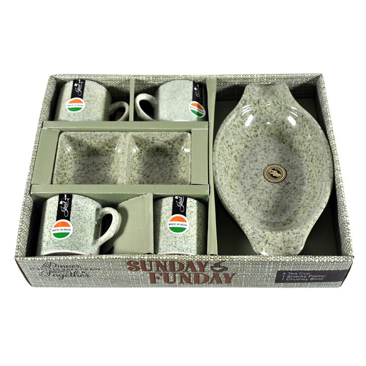Sunday Funday Ceramic Tea / cups / Mug With Plastic Snacks Platter and 2 compartment Chutney Bowl Milk Cup, Coffee Cup, Breakfast Cup, Drinking Mug or Outdoor for Household, Gift for Birthday, Wedding Party (6 Pcs set) Your Brand