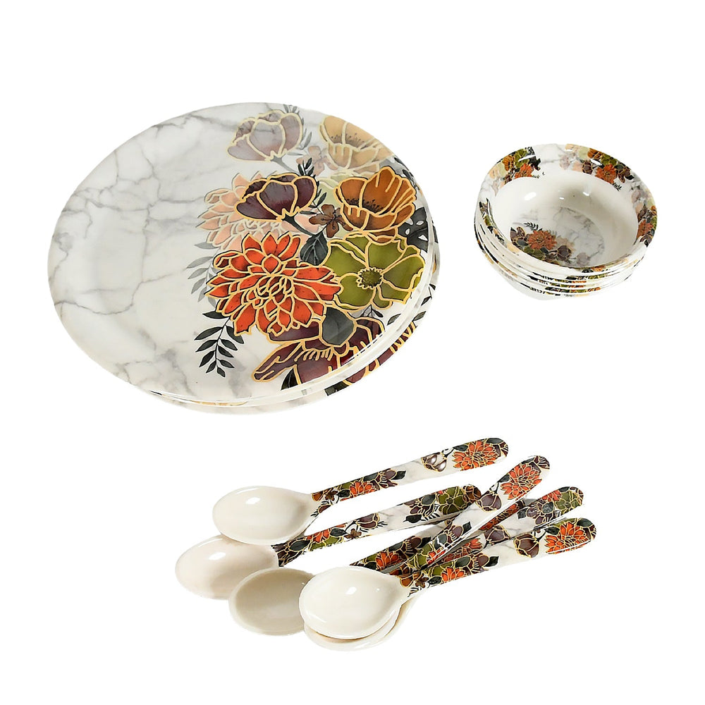 Dream High Quality plastic Dinning Dinner set with Unique Flower Design Printed, 6 pc Plates, 6 pc Bowls and 6 pc Serving Spoon, Lightweight Round Plates and Bowls, Microwave, and Dishwasher Safe (18 Pcs set) Your Brand
