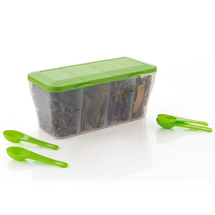 Kitchen Multipurpose Air-tight 4 Sections Storage Containers / Pickle (Achar) Jar with 4 spoon for each section (1 Pc / Mix Color) Your Brand