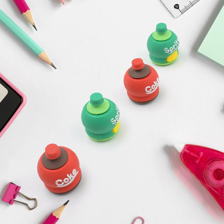 2-in-1 3D Cold Drink Bottle Shape Rubber Pencil Sharpener and Eraser Set, Stationery for Kids School Boys Girls, Birthday Return Gifts (1 Pc ) Your Brand