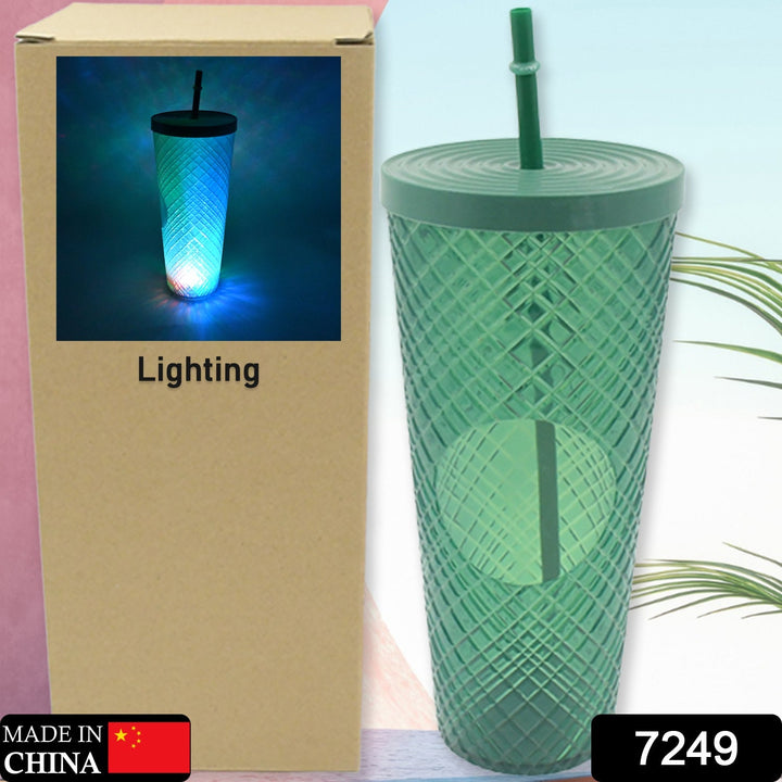 Cup with Straw &  LED Lighting Reusable Matte Studded Tumbler with Leak Proof Lid Water Cup Travel Mug Coffee Ice Water Bottle Double Walled Insulated Tumbler BPA Free (1 Pc) Your Brand