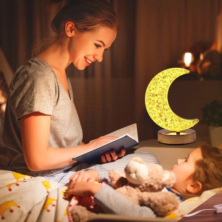 Crystal Table Lamp | Moon Shape Touch Control Lamp with 3 Color | Metal Bedside Lamp for Kids Bedroom Romantic Desktop Nightstand | Stepless Dimming USB Charging Touch Night Light Your Brand