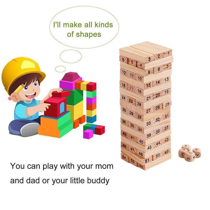 54 Pcs Blocks 4 Dices Wooden Tumbling Stacking Building Your Brand