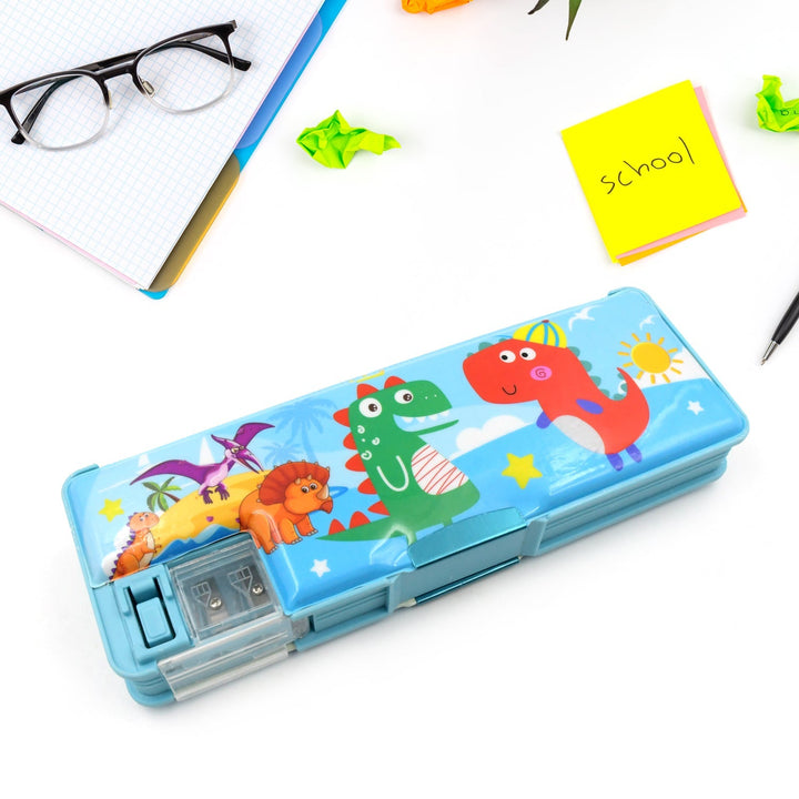 Plastic Multipurpose Compass Box – Double Deck Pencil Case with 2 Compartments & Cartoon Organizer (1 Pc, Mix Design) Your Brand