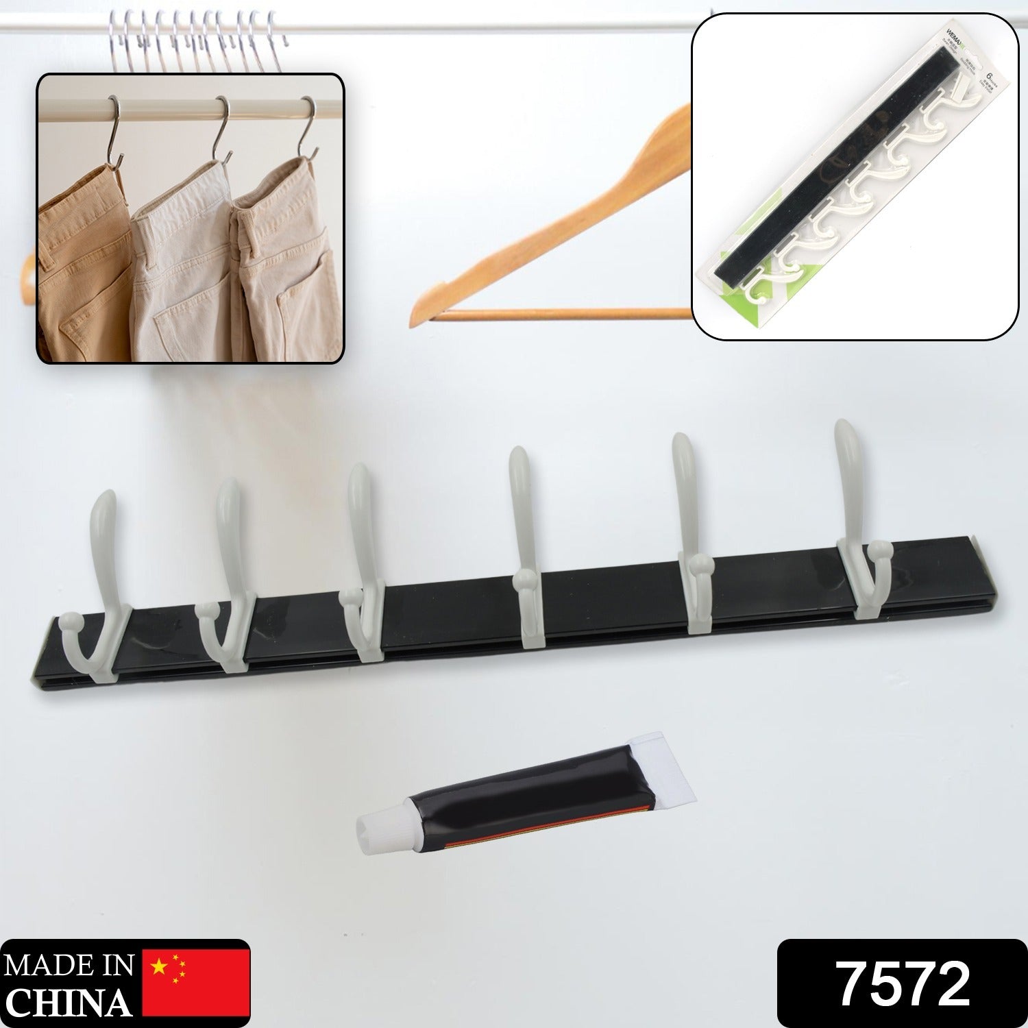 Cloth hanger, Wall Door Hooks Rail for Hanging Clothes for Hanging Hook Rack Rail, Extra Long Coat Hanger Wall Mount for Clothes, Jacket, Hats, 6 Hook With Eco-friendly Liquid Adhesive Glue Your Brand