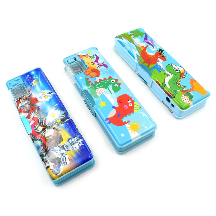 Plastic Multipurpose Compass Box – Double Deck Pencil Case with 2 Compartments & Cartoon Organizer (1 Pc, Mix Design) Your Brand