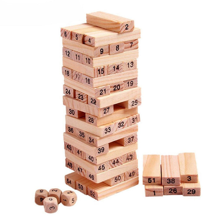 54 Pcs Blocks 4 Dices Wooden Tumbling Stacking Building Your Brand