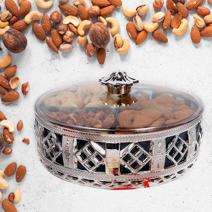 Multipurpose Dry Fruit Box 4 Section Dry Fruit Round Silver Gift Box (1 Pc) - TezCart