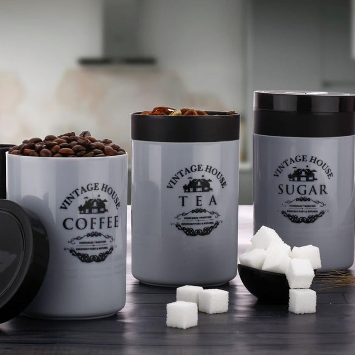 Accurate Seal Tea Sugar Coffee Container - 3 Pcs Plastic Damru Shaped Tea, Coffee, Sugar Canisters Jar, New Airtight Food Seal Containers for Salt, Dry Fruit, Grocery Multicolor (3 Pcs Set) Your Brand