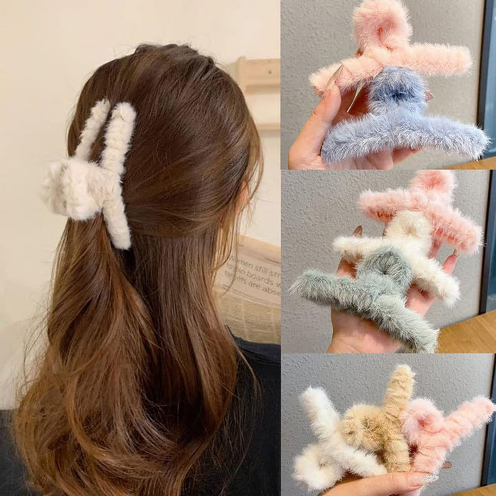 Large Plush Hair Claw Clips, Plastic Fluffy Hair Claw Hair (1 Pc / Mix Color) - TezCart