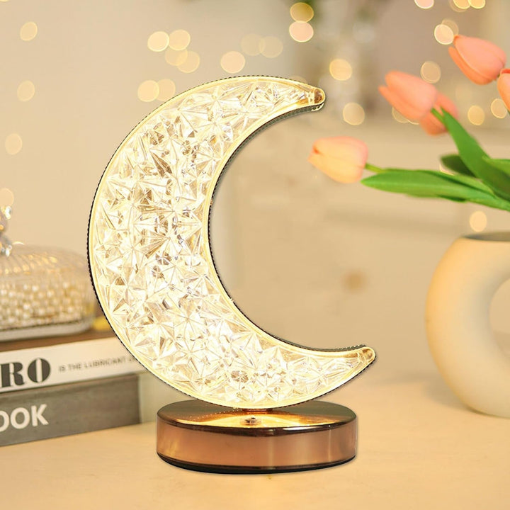 Crystal Table Lamp | Moon Shape Touch Control Lamp with 3 Color | Metal Bedside Lamp for Kids Bedroom Romantic Desktop Nightstand | Stepless Dimming USB Charging Touch Night Light Your Brand