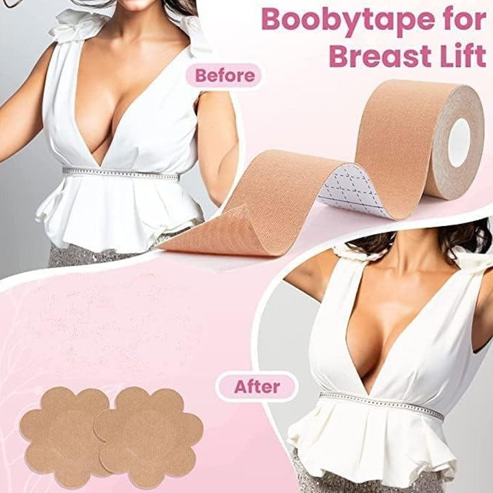 Boob Tape with Nipple Covers: Cotton, Breathable, Lift & Support (5m, 10 Pairs) Your Brand