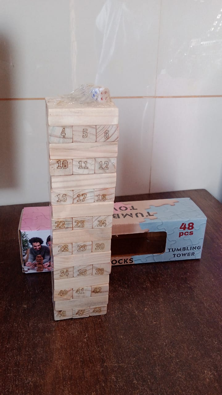 Wooden Tumbling Stacking Tower Game, Zenga tower (48 Pcs Blocks 2 Dices) - TezCart