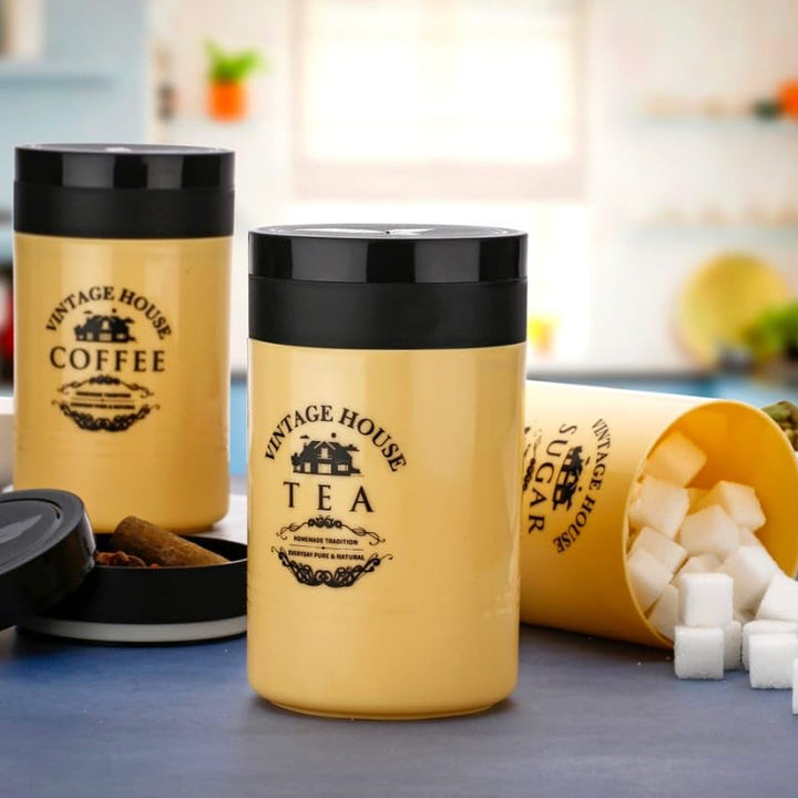 Accurate Seal Tea Sugar Coffee Container - 3 Pcs Plastic Damru Shaped Tea, Coffee, Sugar Canisters Jar, New Airtight Food Seal Containers for Salt, Dry Fruit, Grocery Multicolor (3 Pcs Set) Your Brand