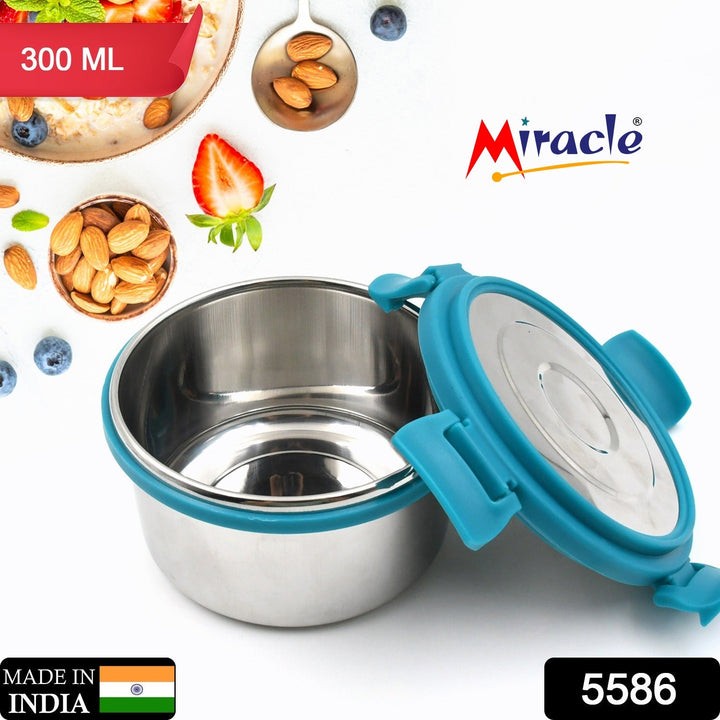 Miracle Solo round Lunch box High Grade Stainless Steel Double Wall Insulated 300ML Food Container 4 Lock Clip Leak Proof Lid, Best Return Gift for Any Occasion (1 Pc) Your Brand