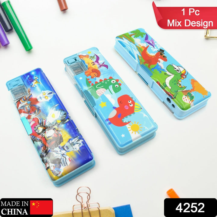 Plastic Multipurpose Compass Box – Double Deck Pencil Case with 2 Compartments & Cartoon Organizer (1 Pc, Mix Design) Your Brand