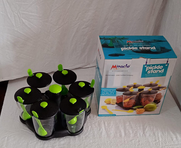 Multipurpose 6 Piece Miracle Revolving Plastic Spice Container Rack With 6 Spoon, Condiment Set, Masala Rack Set, Revolving Spice Rack Aachar Container Chutney Mukhwas Tray Masala Dining Spice Stand Your Brand