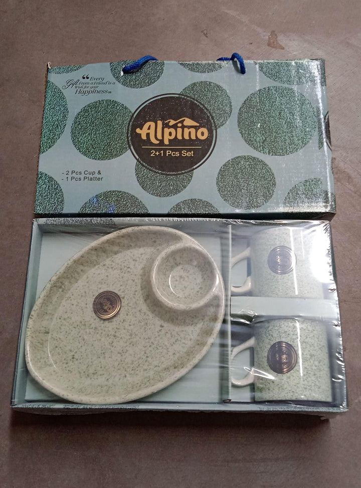 Alpino Ceramic Tea / Cups Set With Plastic Serving 2 Compartment Platter, Milk Cup / Mug, Coffee Cup, Tea Cup BPA Free Food Grade, or Outdoor for Household Gift For Birthday (3 Pcs Set) Your Brand