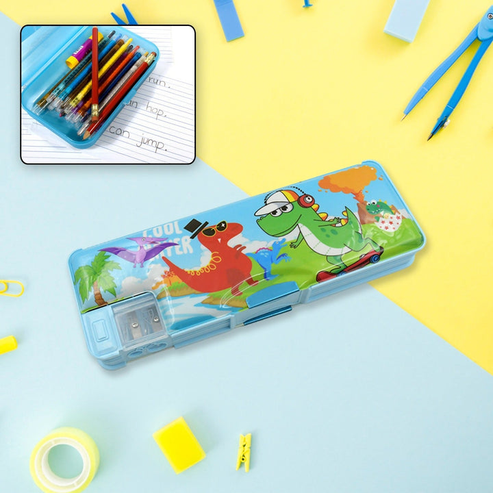 Plastic Multipurpose Compass Box – Double Deck Pencil Case with 2 Compartments & Cartoon Organizer (1 Pc, Mix Design) Your Brand