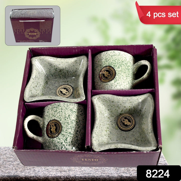 Ceramic Tea / cups / Mug Set Including Snacks / Serving Bowl Milk Cup, Coffee Cup, Tea Cup, Breakfast Cup, Drinking Mug or Outdoor for Household, Gift for Birthday, Wedding Party (4 Pcs set) Your Brand