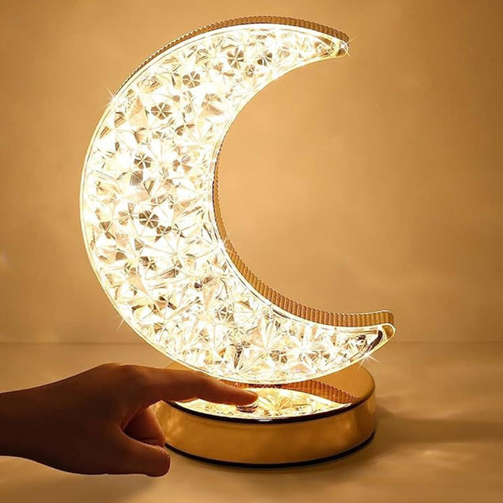 Crystal Table Lamp | Moon Shape Touch Control Lamp with 3 Color | Metal Bedside Lamp for Kids Bedroom Romantic Desktop Nightstand | Stepless Dimming USB Charging Touch Night Light Your Brand