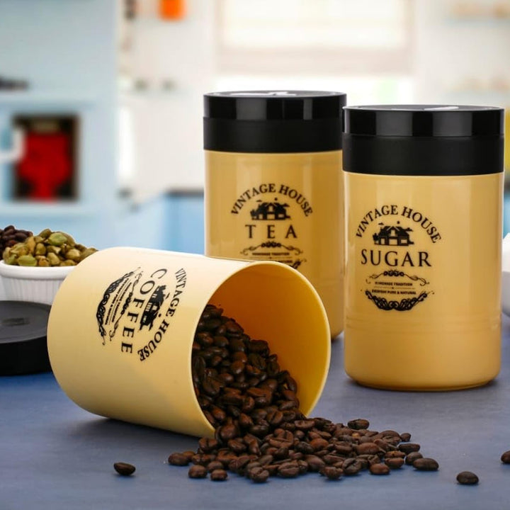 Accurate Seal Tea Sugar Coffee Container - 3 Pcs Plastic Damru Shaped Tea, Coffee, Sugar Canisters Jar, New Airtight Food Seal Containers for Salt, Dry Fruit, Grocery Multicolor (3 Pcs Set) Your Brand