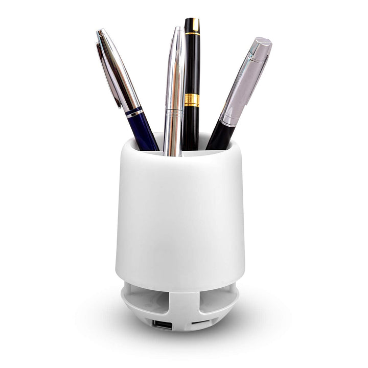 Multifunctional 4-Compartment Pen Holder with 5W Bluetooth Speaker & Smart Color-Changing Desk Lamp Your Brand