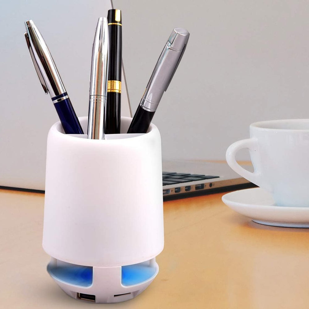 Multifunctional 4-Compartment Pen Holder with 5W Bluetooth Speaker & Smart Color-Changing Desk Lamp Your Brand
