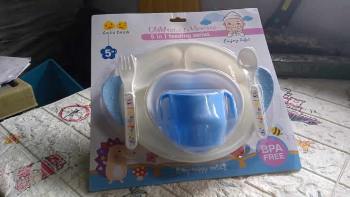 5in1 Baby Feeding Set for Kids and Toddlers,Children Children Dinnerware Set - Feeding Set for Kids, Cartoon Design Plate, Cup, Spoon, Fork  Tableware Cutlery for Kids Microwave (5 Pcs Set) Your Brand