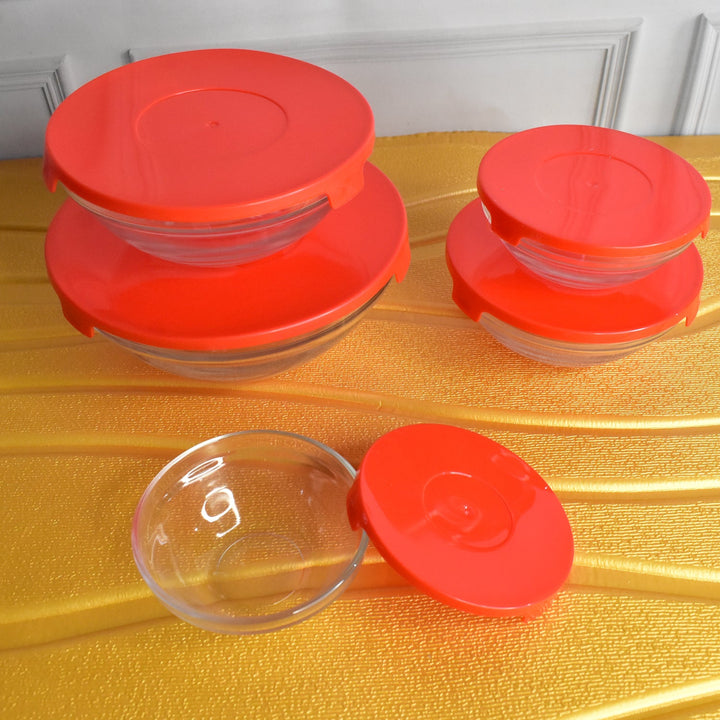 Modern Glass Bowl Set, Mixing / Storage Bowls with Red Lids (5 Pcs Set) - TezCart