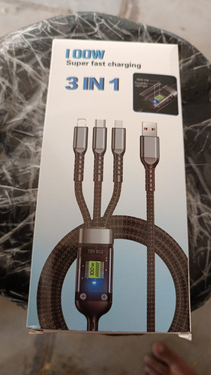 3-in-1 Super Fast Charging Cable 100w, Multifunctional Convenient Super Fast Charging Cable Nylon Braided Cord, 3-in-1 Silicone Zinc Alloy 3 Head Charging Cable Your Brand