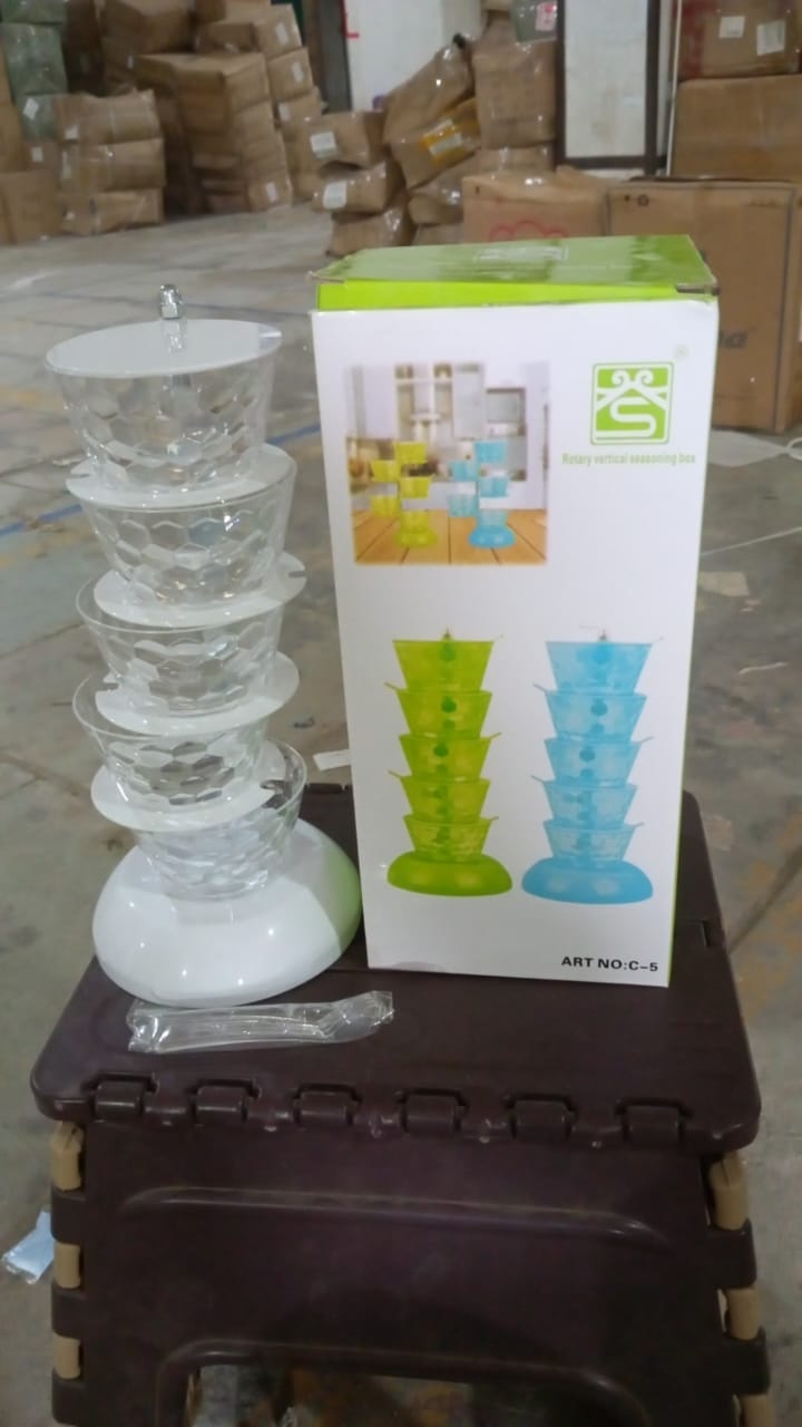 5 Section 360° Rotating Vertical Seasoning Box Plastic Pickle Tower | Spice Rack (5 Layer with 5 Plastic Spoon / 1 Set) - TezCart