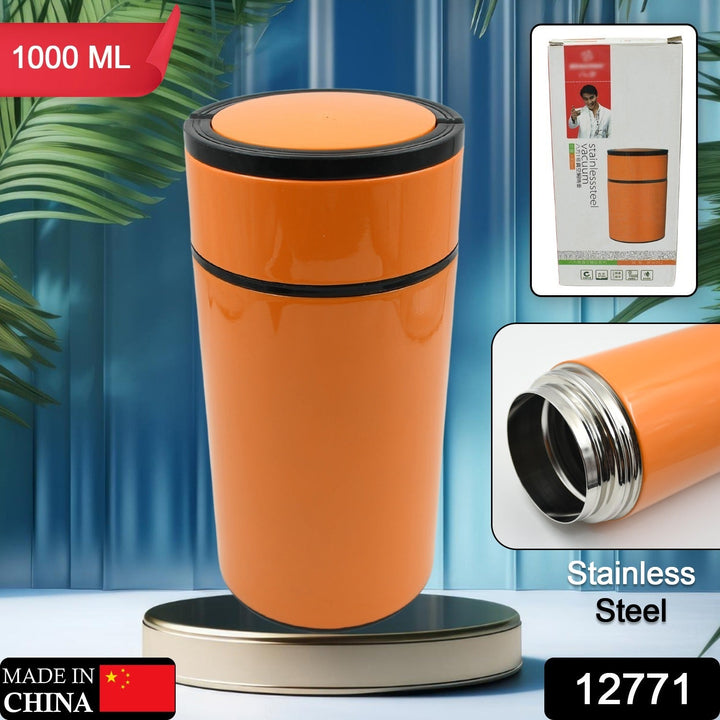 Stainless Steel Water Bottle With Foldable Spoon & Handle Easy to carry, Leak Proof, Rust Proof, Hot & Cold Drinks, Gym Sipper BPA Free Food Grade Quality, Steel fridge Bottle For office / Gym / School (1000 ML) Your Brand