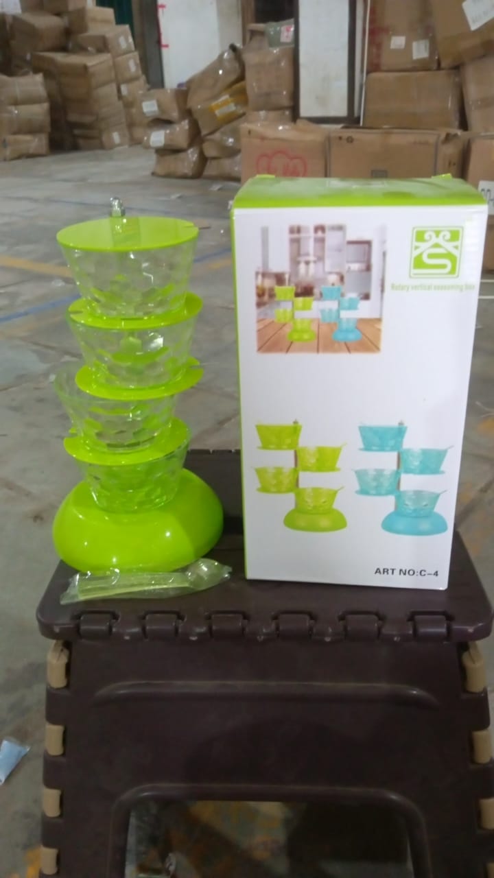4 Section 360° Rotating Vertical Seasoning Box Plastic Pickle Tower | Spice Rack (4 Layer with 4 Plastic Spoon / 1 Set) - TezCart