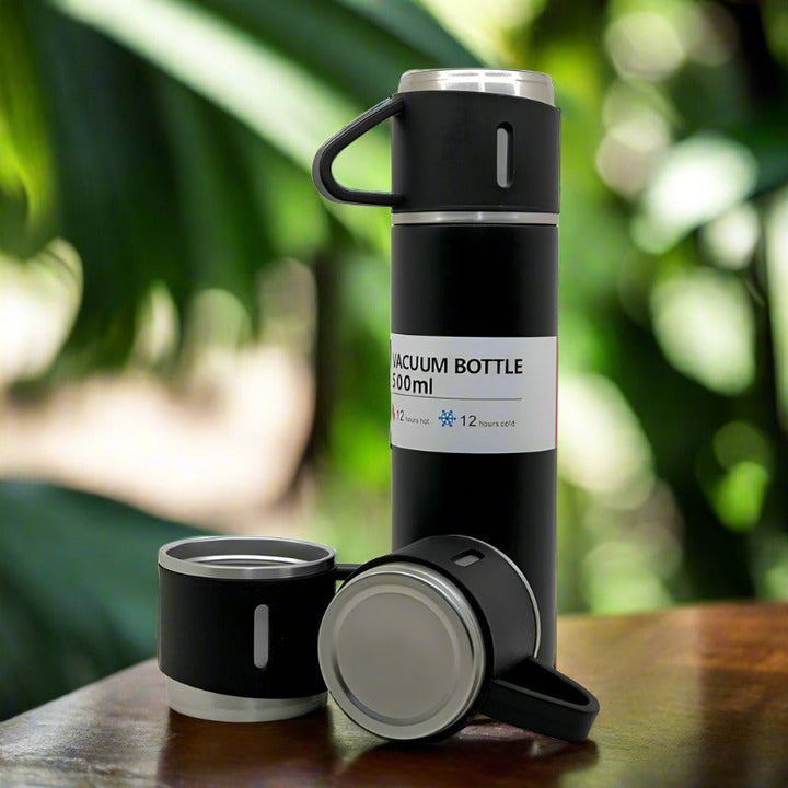 Stainless Steel Vacuum Flask Set with 3 Steel Cups Combo for Coffee Hot Drink and Cold Water Flask Ideal Gifting Travel Friendly Latest Flask Bottle. (500ml) Your Brand