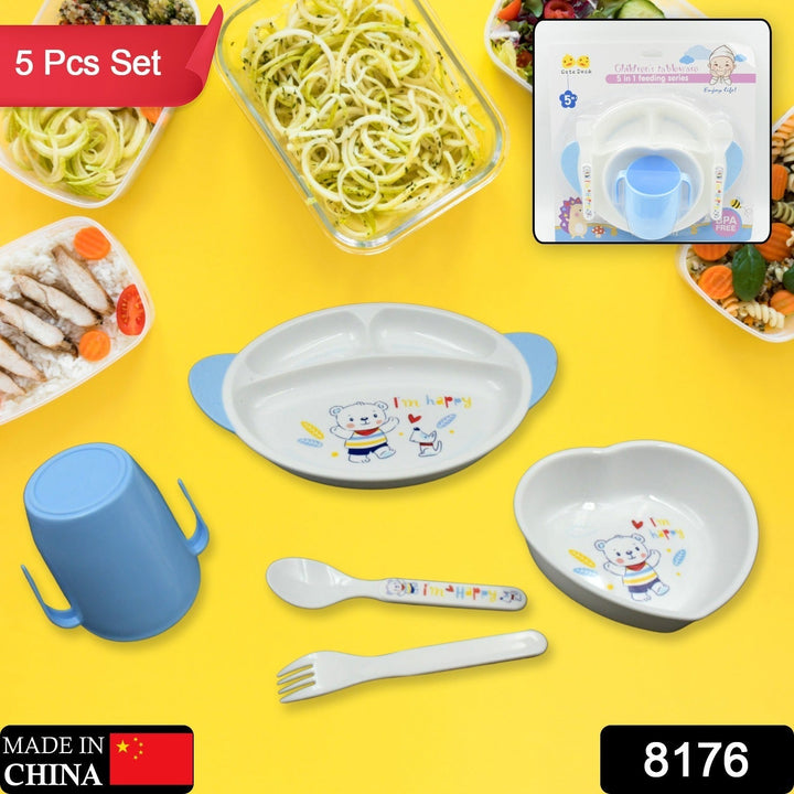 5in1 Baby Feeding Set for Kids and Toddlers,Children Children Dinnerware Set - Feeding Set for Kids, Cartoon Design Plate, Cup, Spoon, Fork  Tableware Cutlery for Kids Microwave (5 Pcs Set) Your Brand