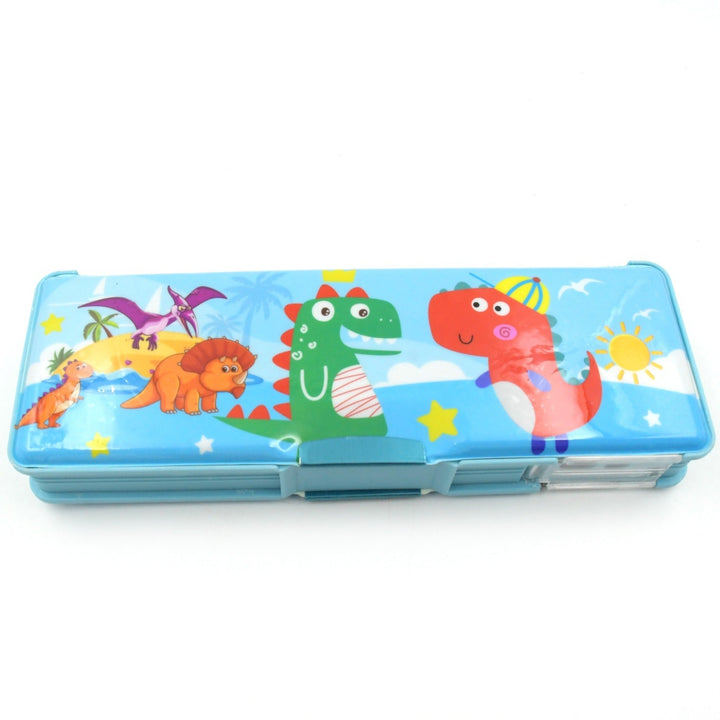 Plastic Multipurpose Compass Box – Double Deck Pencil Case with 2 Compartments & Cartoon Organizer (1 Pc, Mix Design) Your Brand