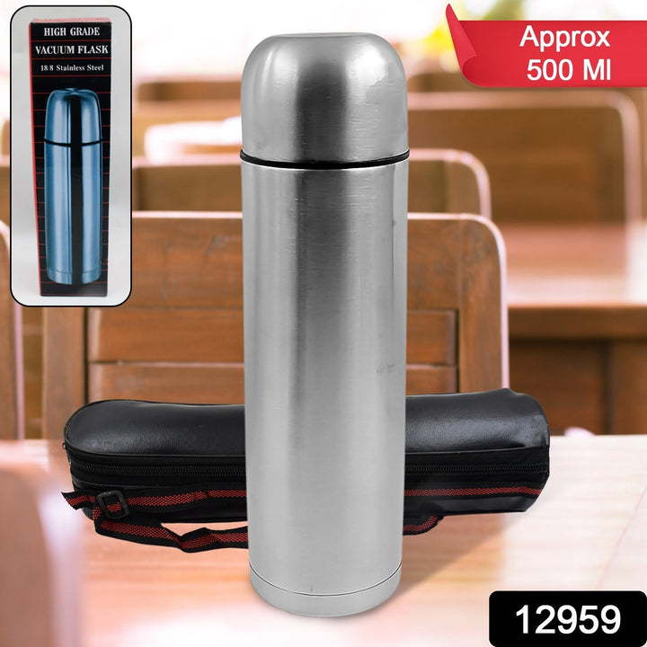 Vacuum Flask With Cover, 18/8 Stainless Steel | Hot and Cold Water Bottle with Push-Down Lid | Double Walled Stainless Steel Bottle for Travel, Home, Office, School, Picnic ( Approx 500 ML / With Cover) Your Brand