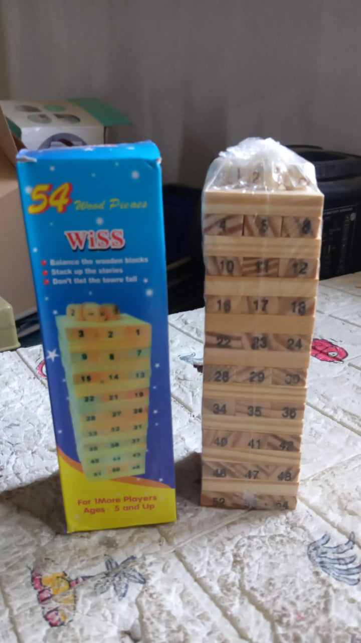 54 Pcs Blocks 4 Dices Wooden Tumbling Stacking Building Your Brand