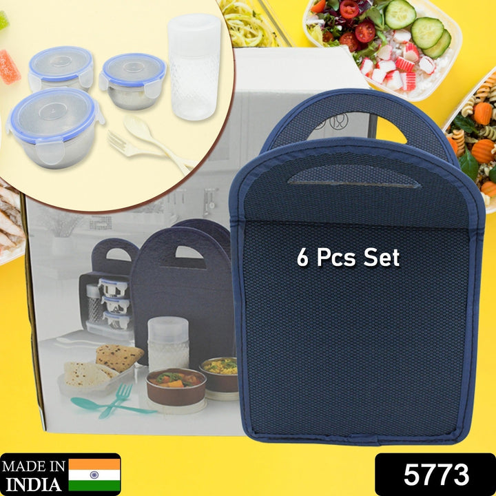 6In1 Tiffin Box-Lunch Box | 3 Stainless Steel Containers | Plastic lid Box | Spoon & Fork /Plastic Bottle | Insulated Fabric Bag | Leak Proof | Microwave Safe  for Office, College and School for Men, Women (6 pcs) Your Brand