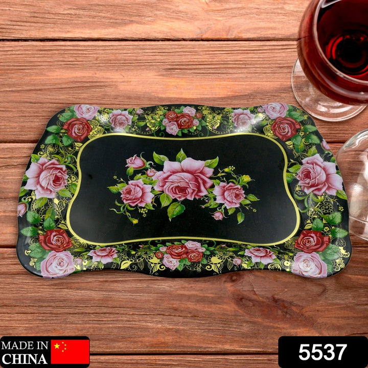 Stainless Steel Serving Tray With Flower Printed Rectangle Premium Dining Table Plate (18 x 8.5 Inch / 1 Pc) Your Brand