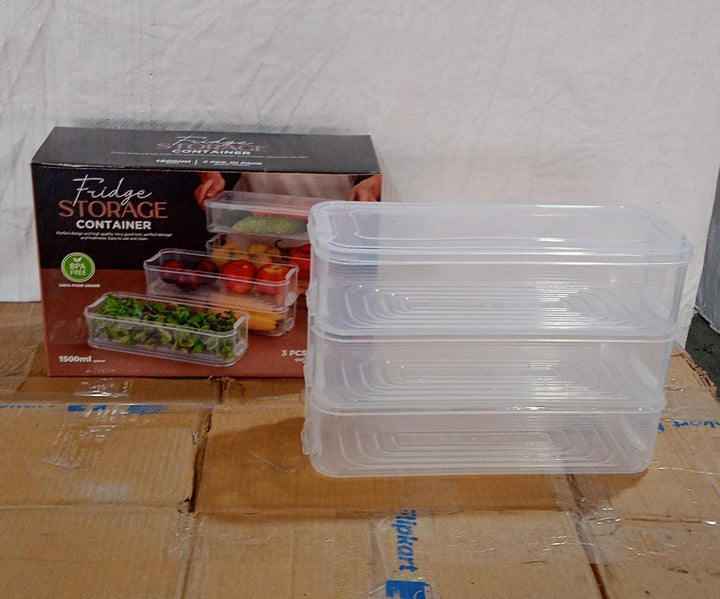 3 Fridge Storage Container, Fridge Organizer with Lid Stackable Fridge Storage Containers Plastic Freezer Storage Containers for Fish, Meat, Vegetables, Fruits, Pack of 3pcs, 1500ML Approx Your Brand