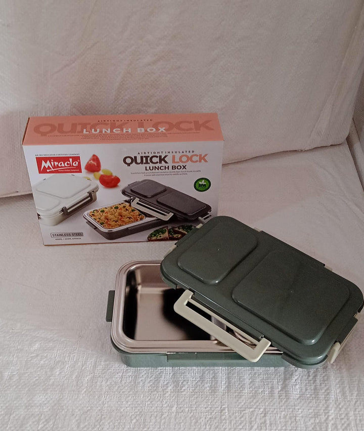 Miracle Quick Lock Leak Proof 2 Compartment Stainless Steel LUNCH BOX Inner Plate Reusable Microwave Freezer Safe Lunch Box Trendy Thermal Insulation Leak Proof for Office Vacuum Tiffin Box for Boys / Girls / School / Office Women and Men  Your Brand