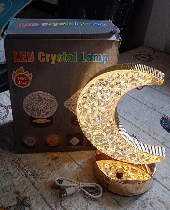 Crystal Table Lamp | Moon Shape Touch Control Lamp with 3 Color | Metal Bedside Lamp for Kids Bedroom Romantic Desktop Nightstand | Stepless Dimming USB Charging Touch Night Light Your Brand