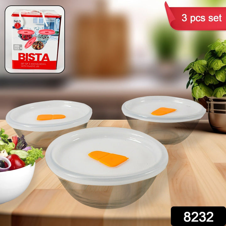 Bista Glass Serving & Mixing Bowls with Plastic Lid | Oven & Microwave Safe & Dishwasher Safe | Scratch Resistant | Transparent | For Household Gift For Birthday (3 Pcs set / 250 ML Approx) Your Brand