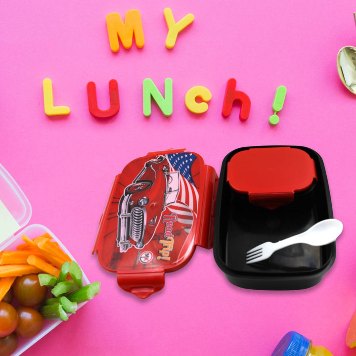 Beautiful Car Design Printed Plastic Lunch Box With Inside Small Box & Spoon for Kids, Air Tight Lunch Tiffin Box for Girls Boys, Food Container, Specially Designed for School Going Boys and Girls - TezCart