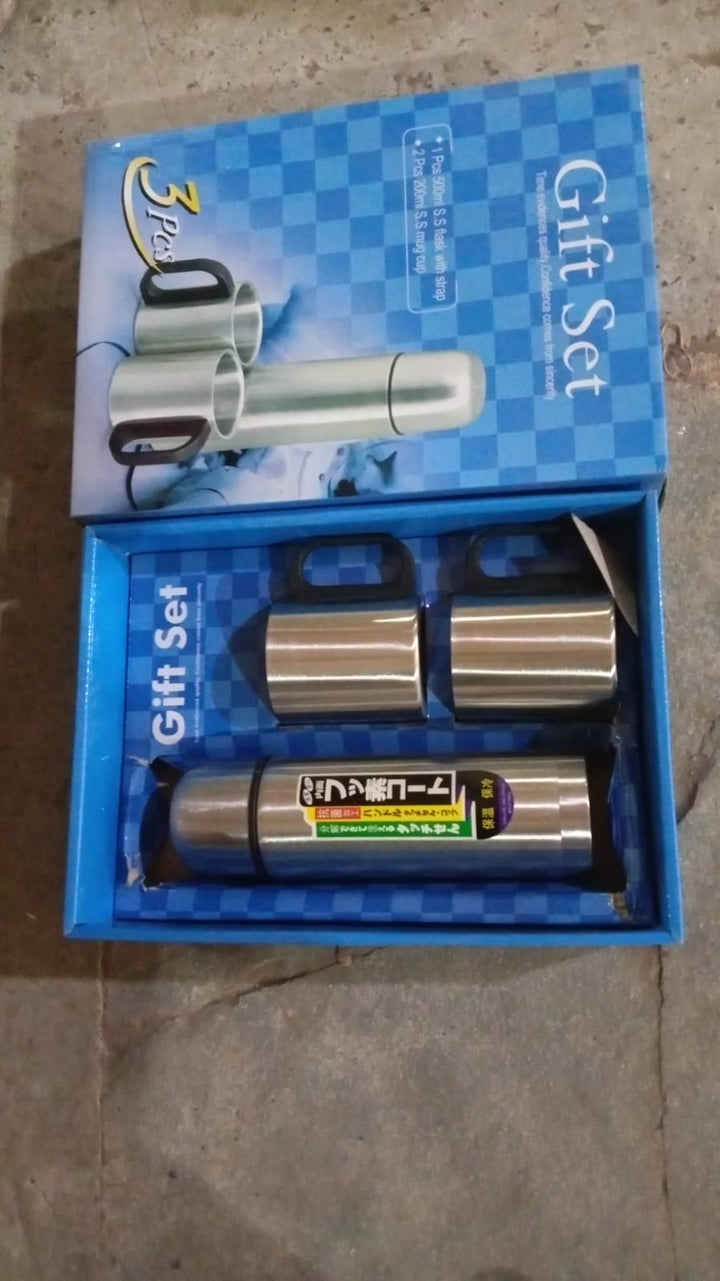 Double Wall Stainless Steel Thermos Flask 500ml Vacuum Insulated Gift Set with Two Cups Hot & Cold, Stainless Steel, Diwali Gifts for Employees, Corporate Gift Item (3 Pcs Set) Your Brand