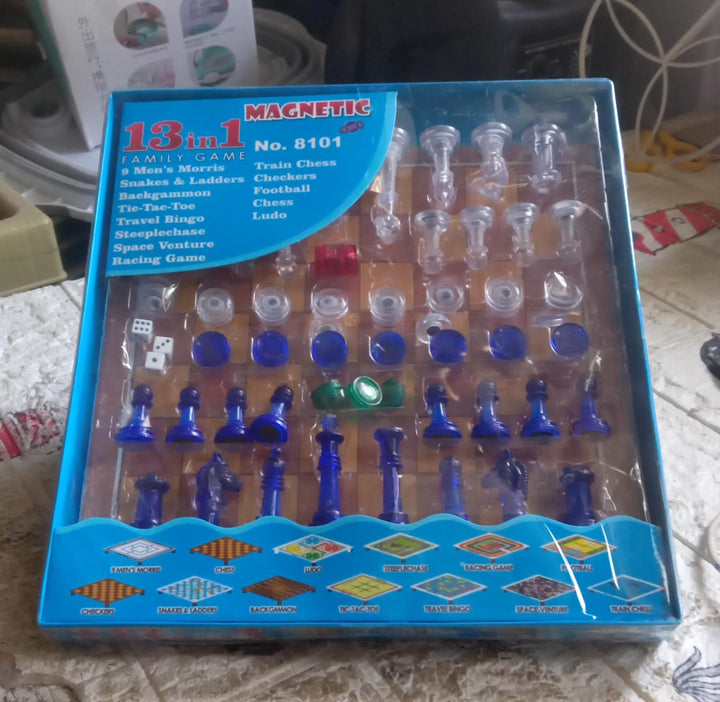 13 in 1 Family Board Game Chess, Snakes & Ladders, Ludo, Tic-Tac-Toe, Checkers, Travel Bingo, Football, Space Venture, Steeplechase Set for Kids Your Brand