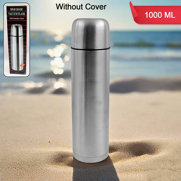 Vacuum Flask Without Cover, 18/8 Stainless Steel | Hot and Cold Water Bottle with Push-Down Lid | Double Walled Stainless Steel Bottle for Travel, Home, Office, School, Picnic (1000 ML / Without Cover) Your Brand