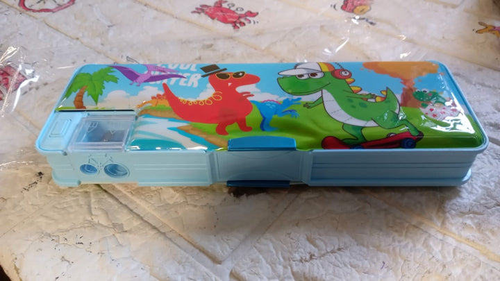 Plastic Multipurpose Compass Box – Double Deck Pencil Case with 2 Compartments & Cartoon Organizer (1 Pc, Mix Design) Your Brand